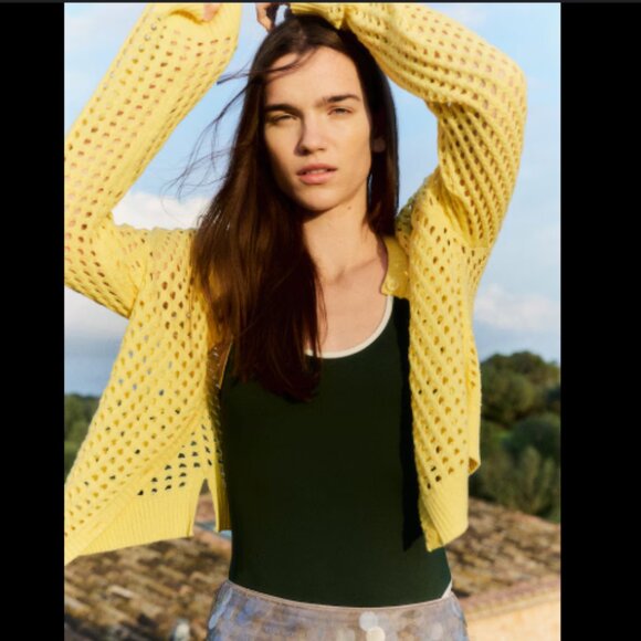 Divided H&M Hole-Knit Cardigan Yellow Crochet M - Picture 1 of 14